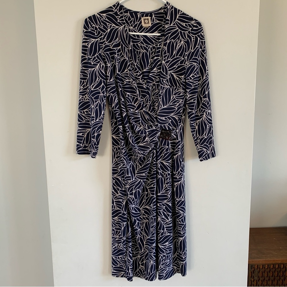 Faux Wrap Dress Knee Length Blue Leaf Print Geometric Anne Klein Size 6 Small